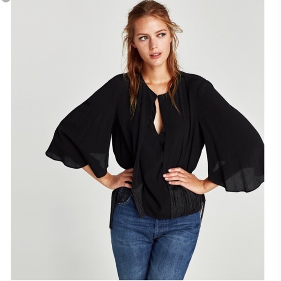 Zara Tops - Zara Black Cape Blouse with Fringe, L, NWT